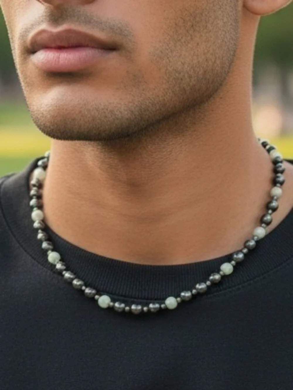 Classic Hematite and Soft White  Beaded Necklace